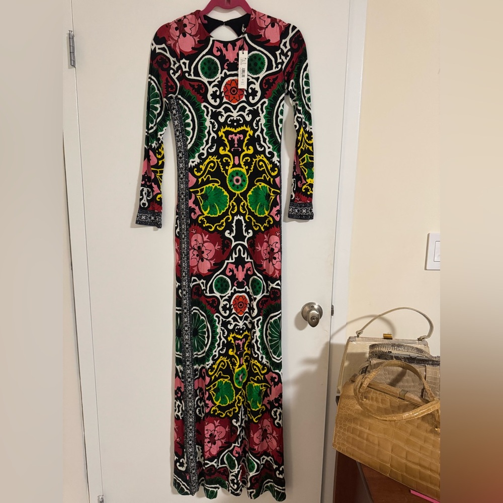 NWT Alice & Olivia floral-geometric damask bold print bodycon maxi dress size 2